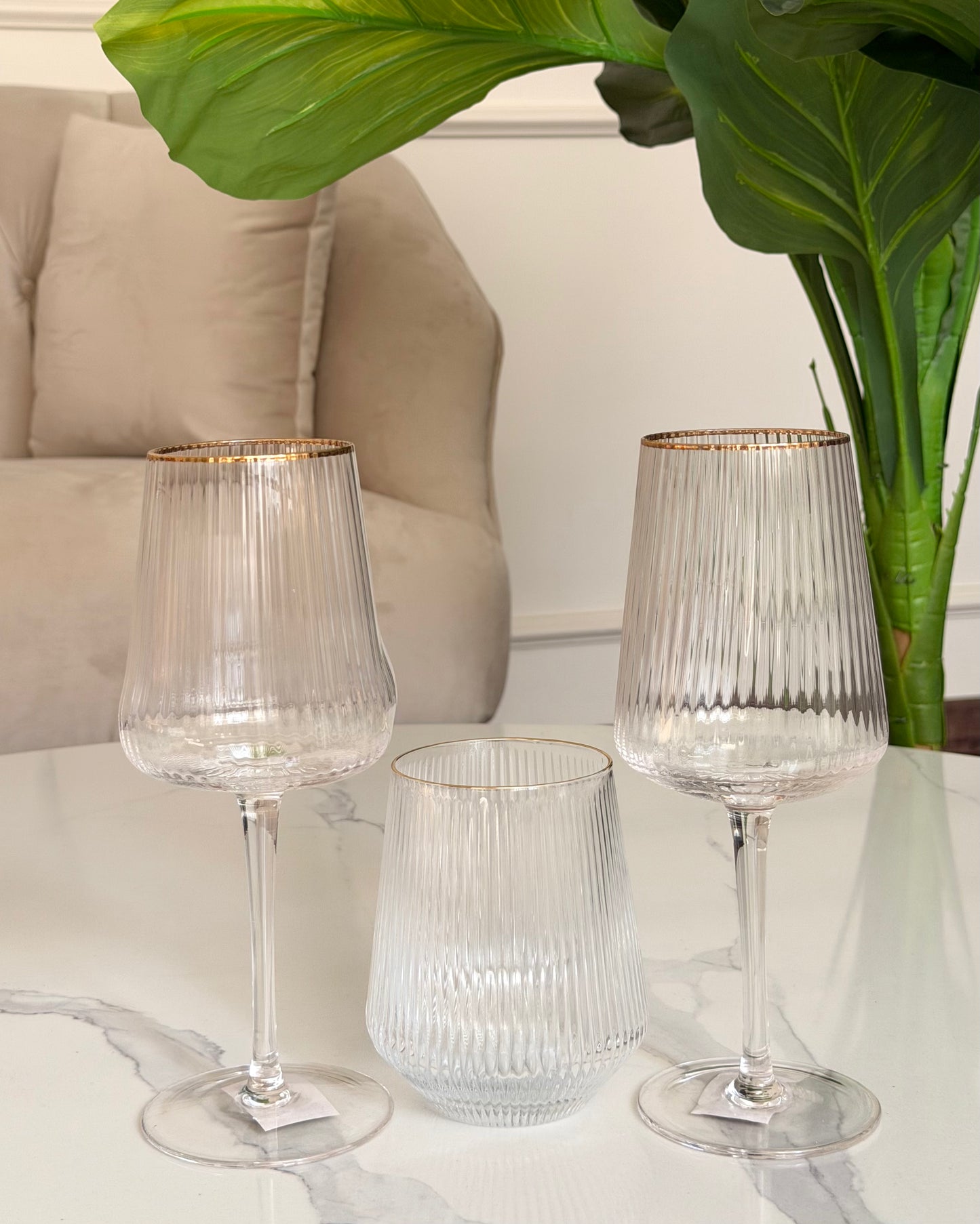 Ribbed Wine Glass Set with Gold Rim