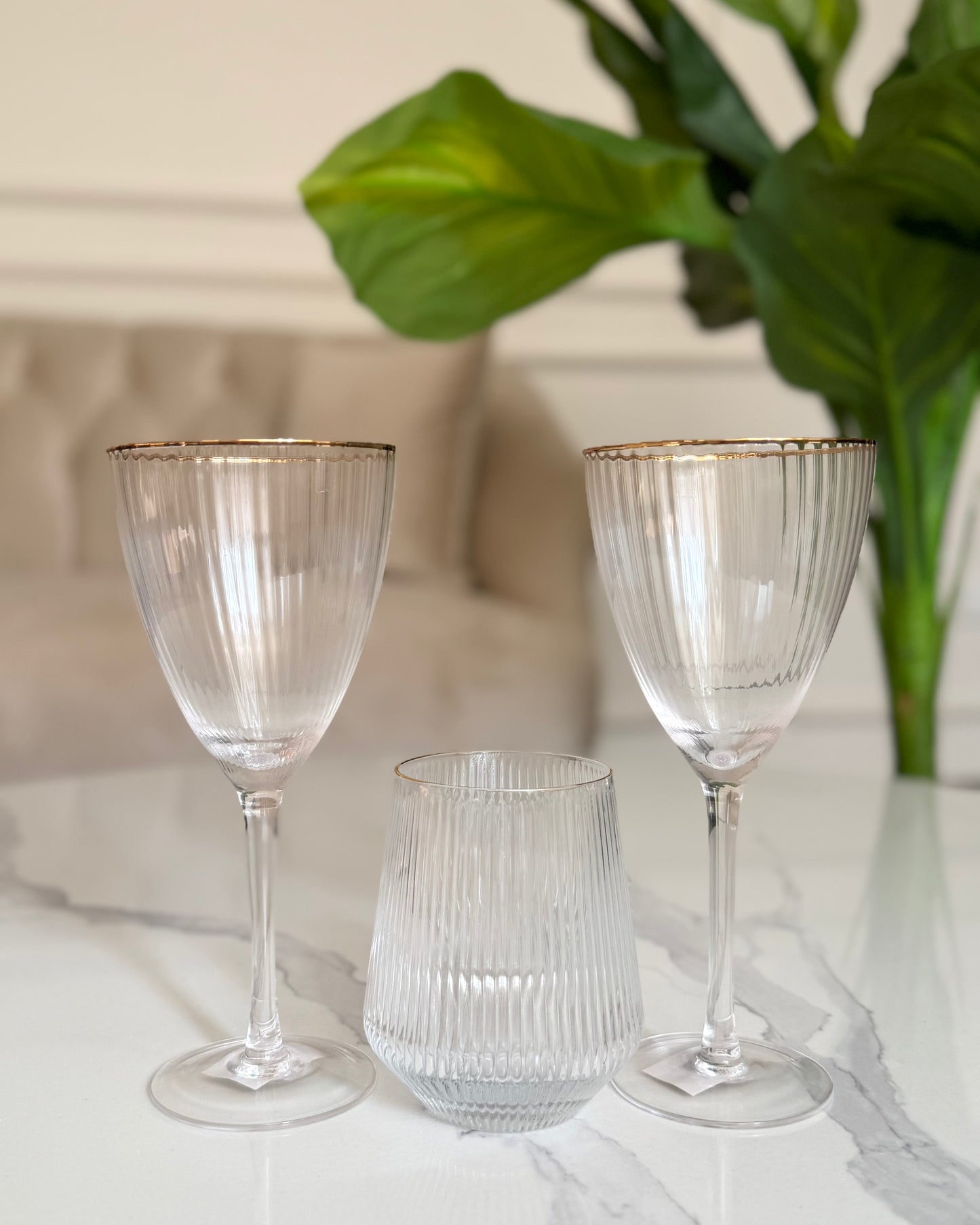 Ribbed Crystal Wine Glasses with Gold Rim