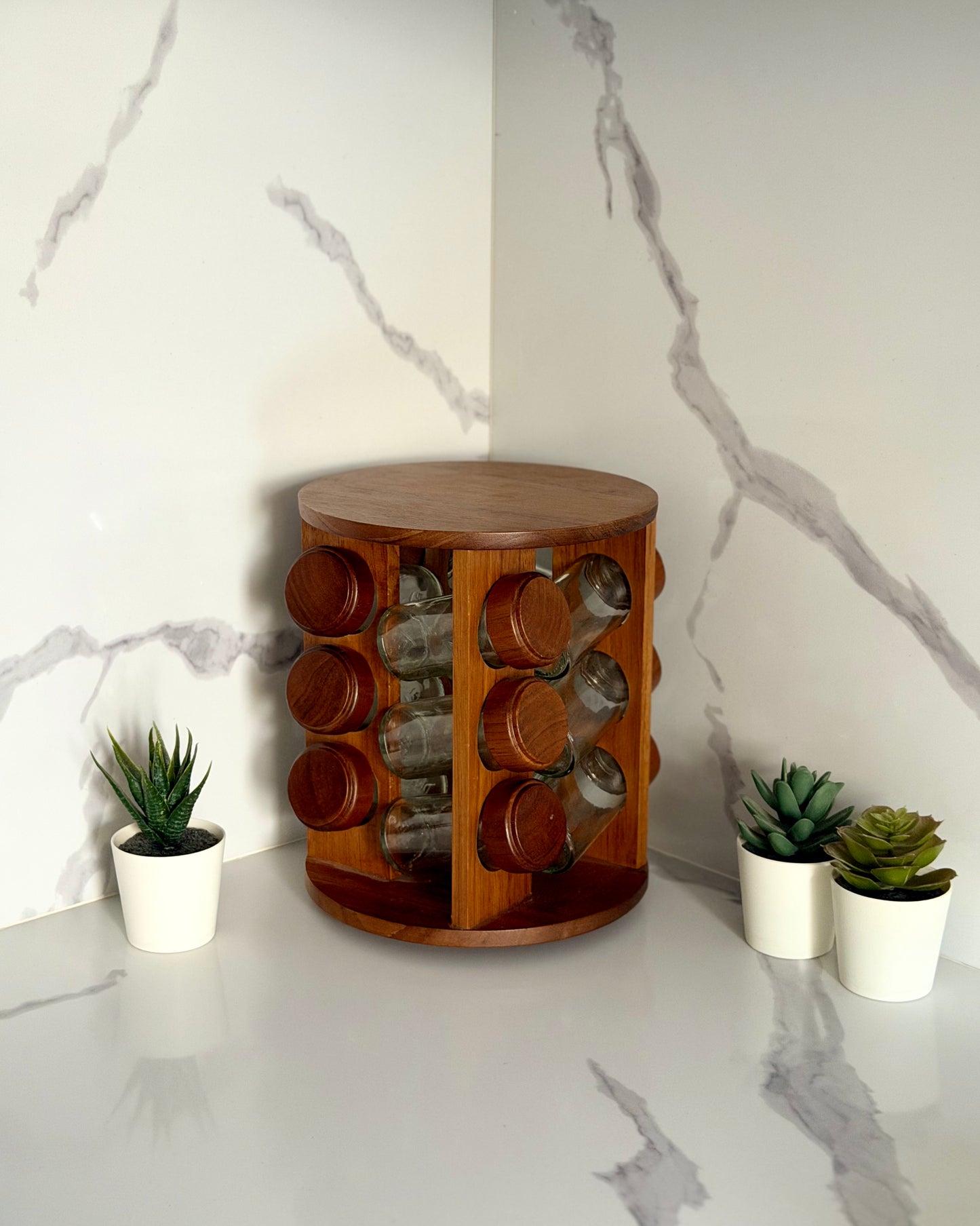 Rotating Wooden Spice Jar Rack With Glass Jars