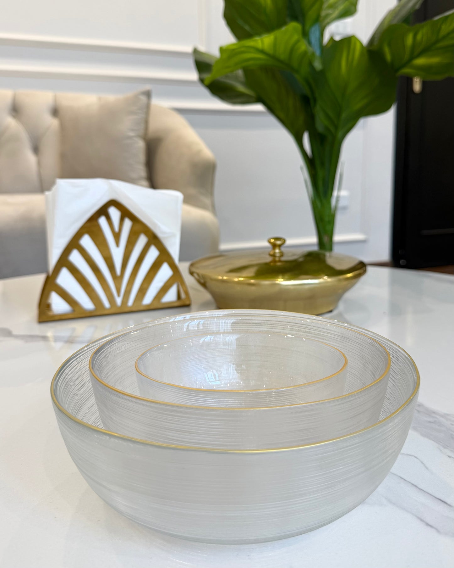 Glass Bowl Set with Gold Rim