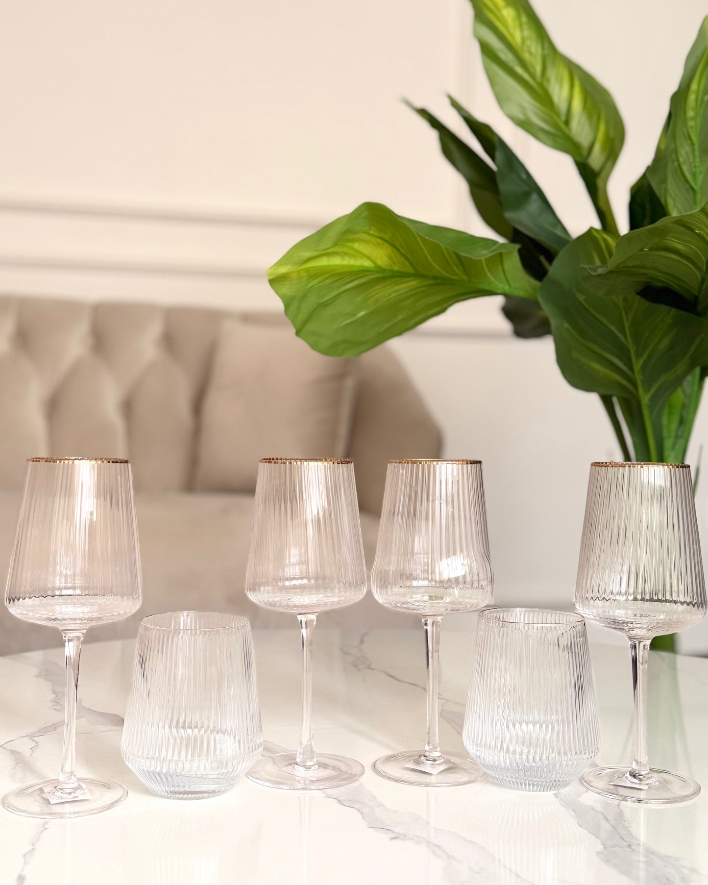 Ribbed Wine Glass Set with Gold Rim