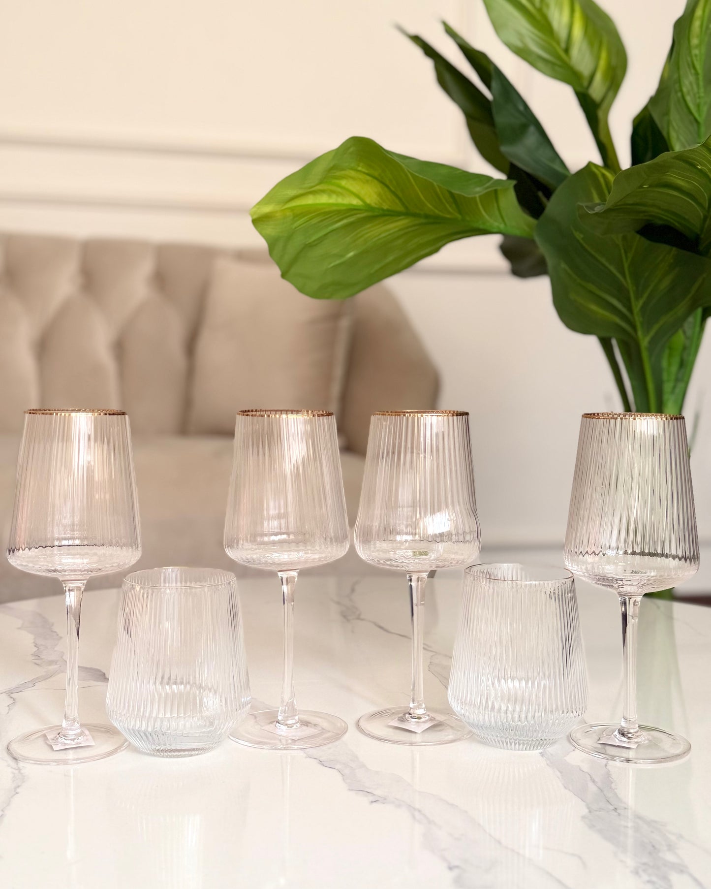 Ribbed Wine Glass Set with Gold Rim