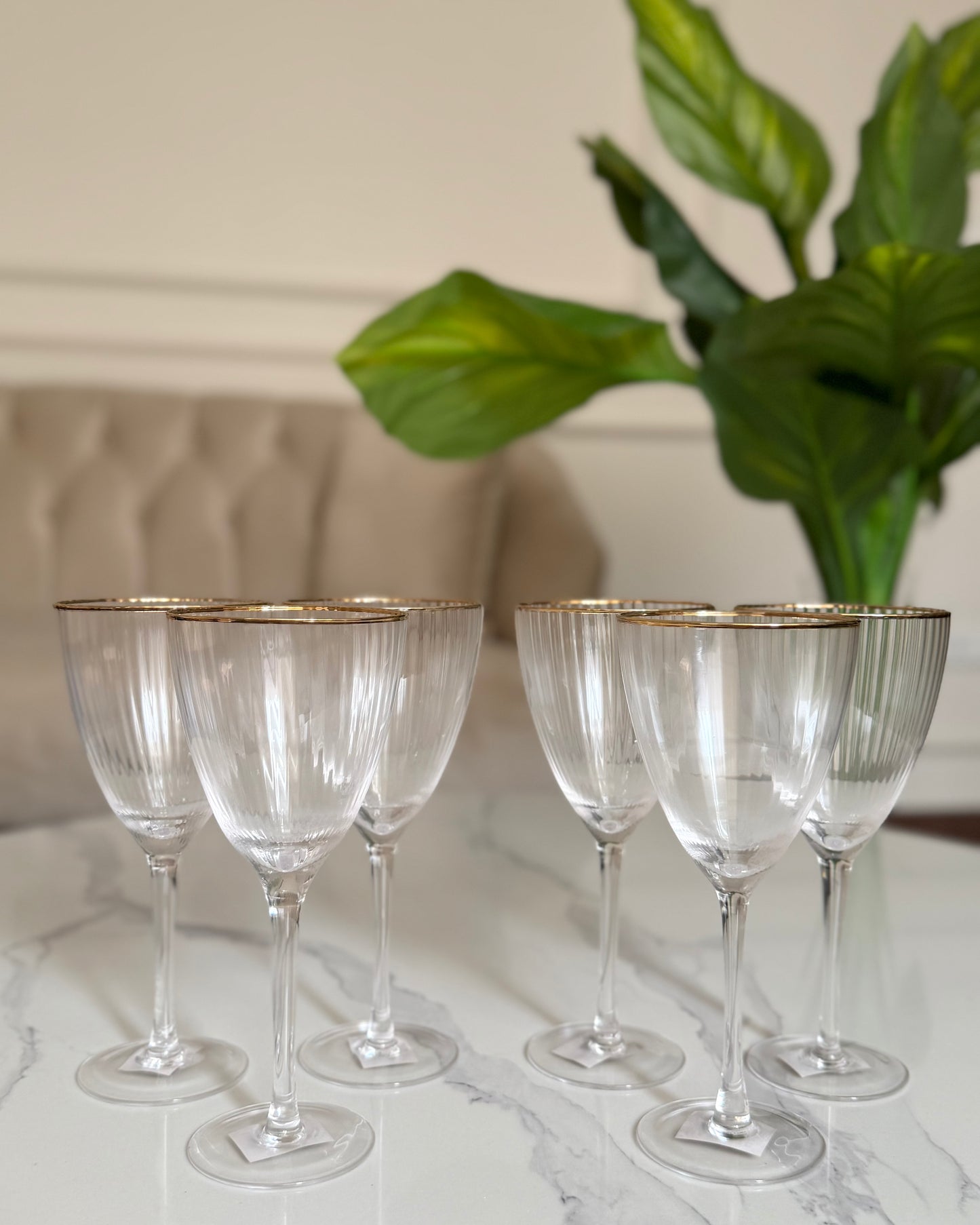 Ribbed Crystal Wine Glasses with Gold Rim