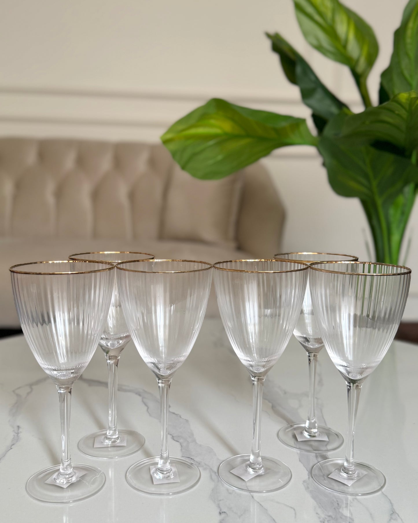 Ribbed Crystal Wine Glasses with Gold Rim