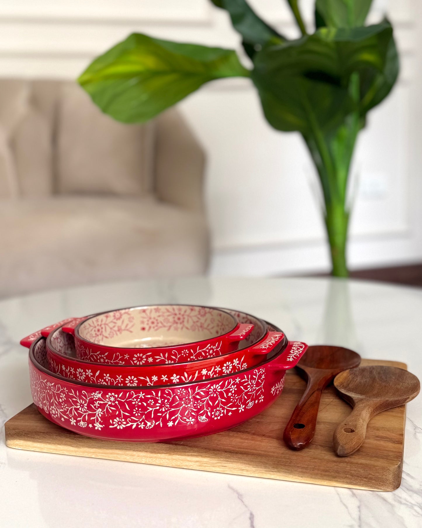 Rounded Floral Red Casserole Set