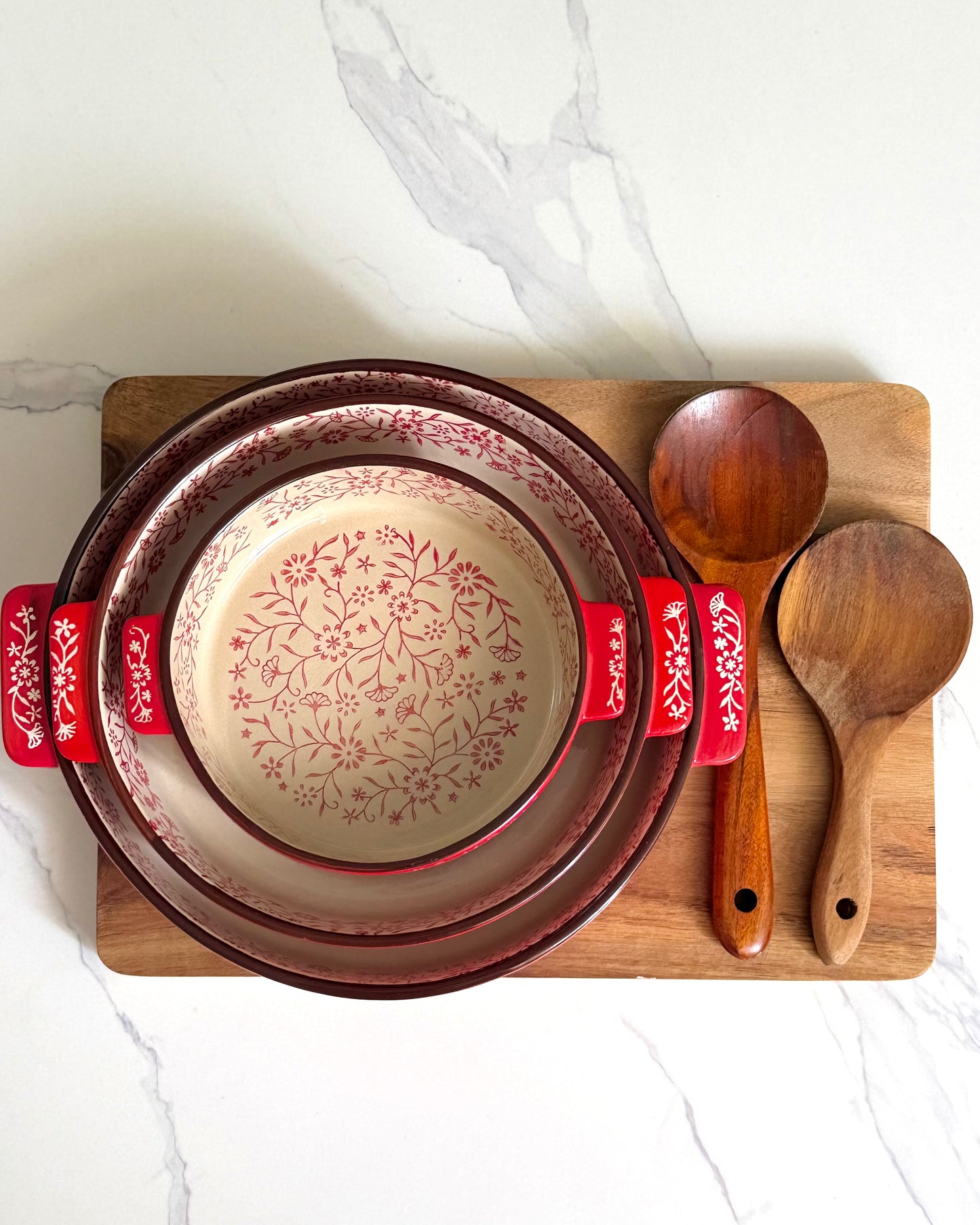 Rounded Floral Red Casserole Set