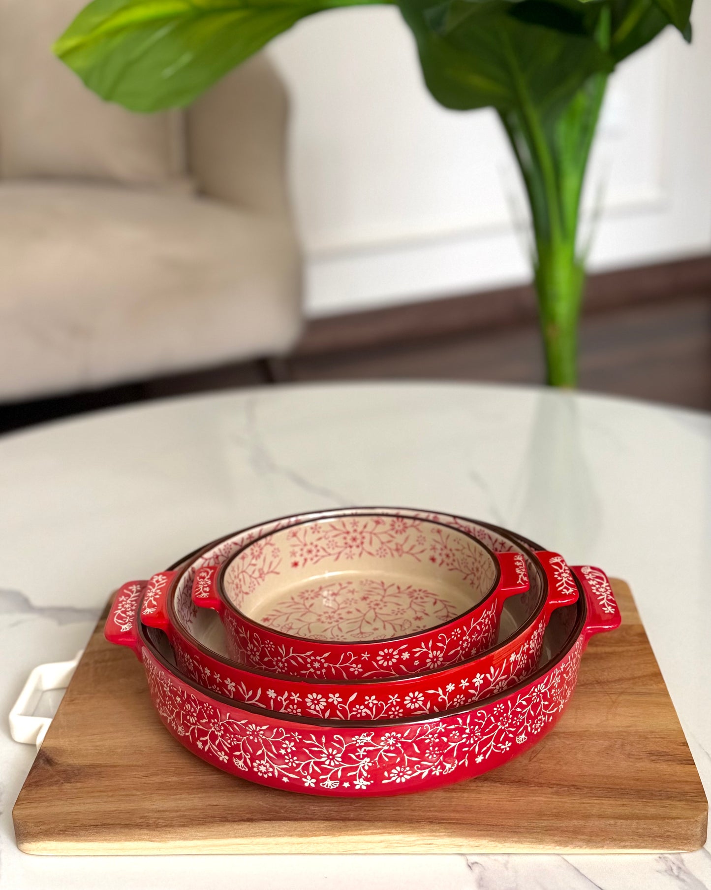 Rounded Floral Red Casserole Set