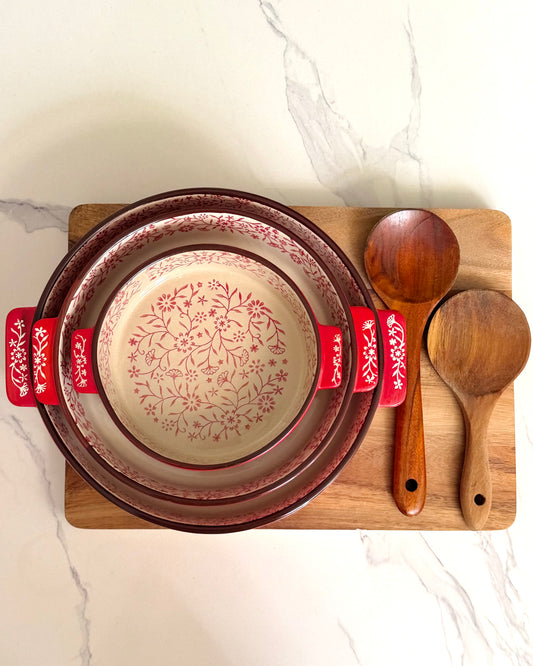 Rounded Floral Red Casserole Set