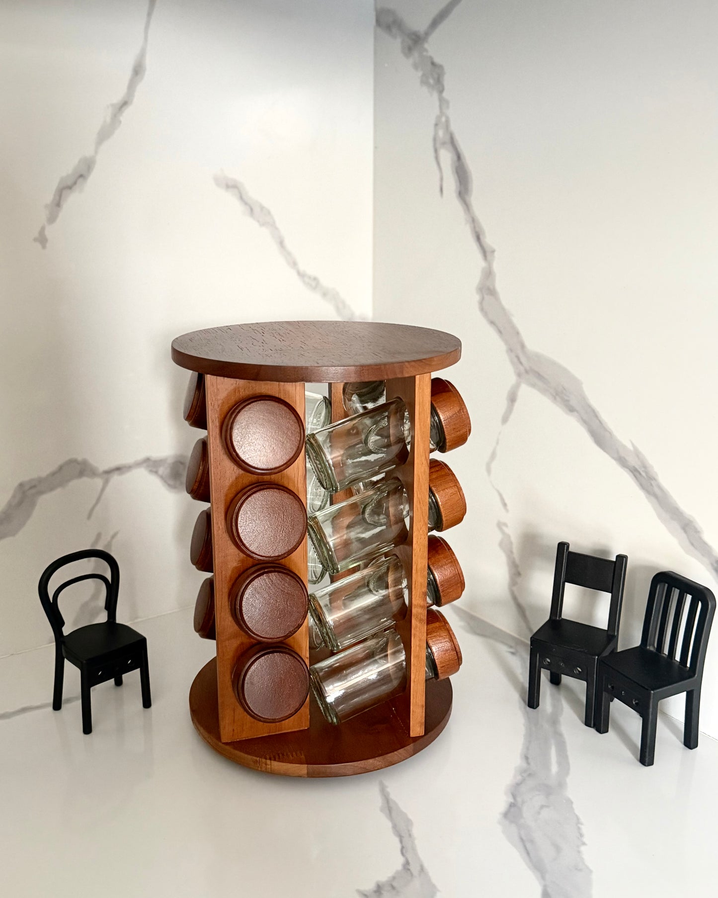 Rotating Wooden Spice Jar Rack With Glass Jars