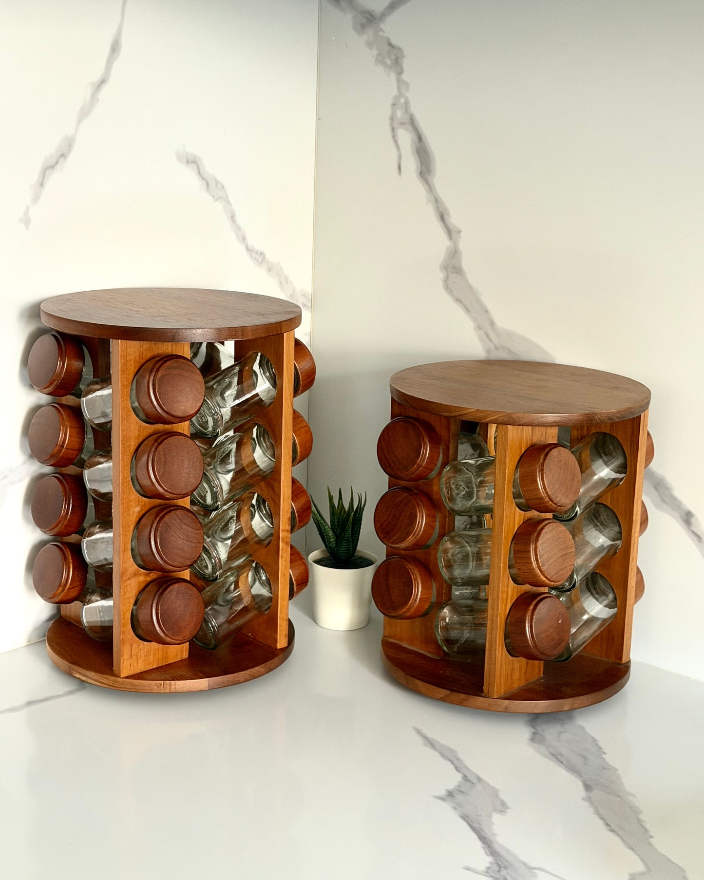 Rotating Wooden Spice Jar Rack With Glass Jars