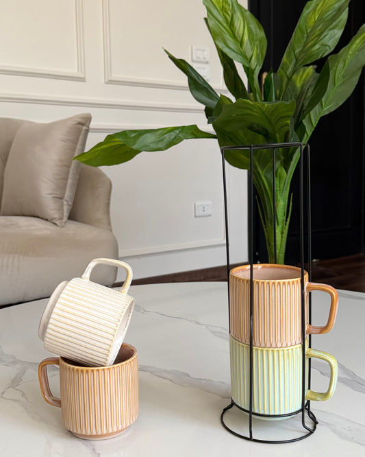 Set of 4 ceramic mugs with a stand