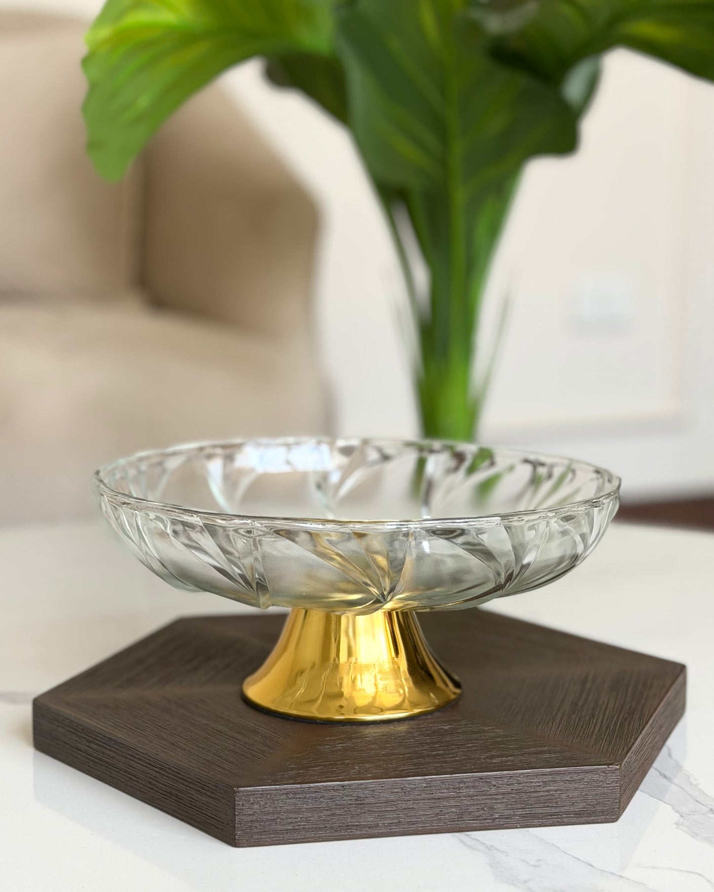 Gold Base Glass Serving Bowl